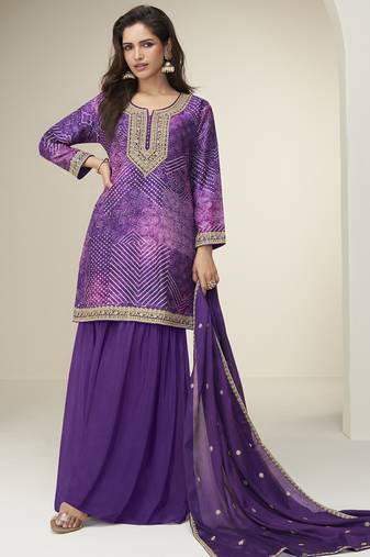 Violet chinon silk embroidered designer sharara suit