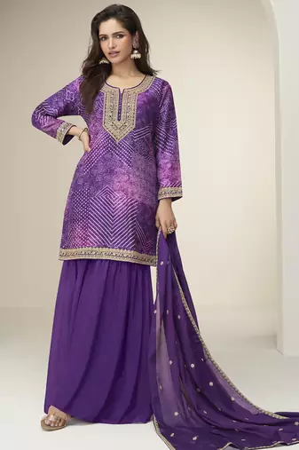 Violet chinon silk embroidered designer sharara suit