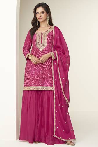 Pink chinon silk embroidered designer sharara suit
