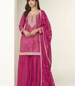 Pink chinon silk embroidered designer sharara suit