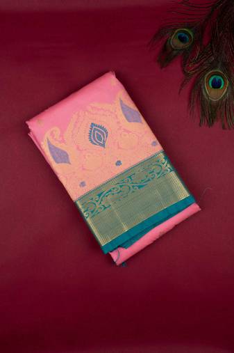 Pastel pink and green semi silk saree