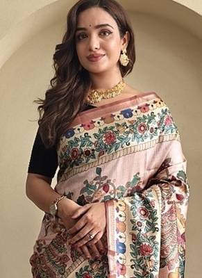 Light Pink silk blend Kalamkari Printed Saree 1