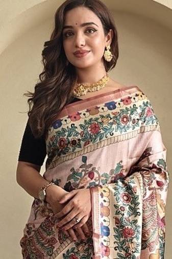 Light Pink silk blend Kalamkari Printed Saree
