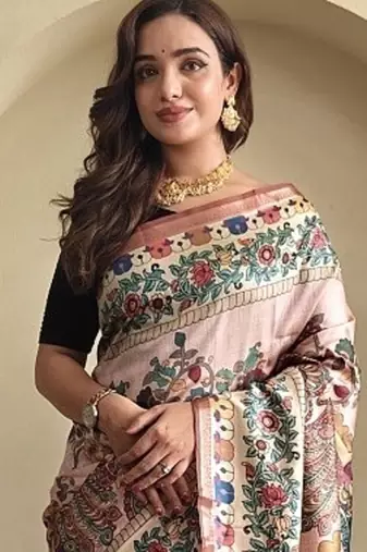 Light Pink silk blend Kalamkari Printed Saree