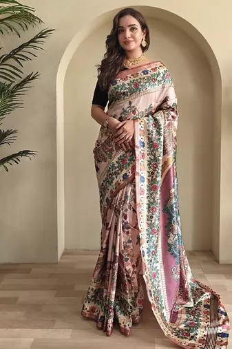 Light Pink silk blend Kalamkari Printed Saree