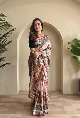 Light Pink silk blend Kalamkari Printed Saree 3