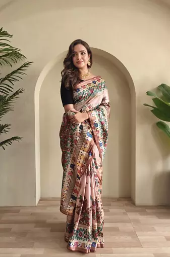 Light Pink silk blend Kalamkari Printed Saree