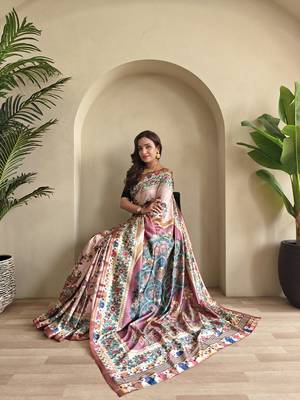 Light Pink silk blend Kalamkari Printed Saree 4
