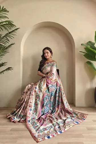 Light Pink silk blend Kalamkari Printed Saree