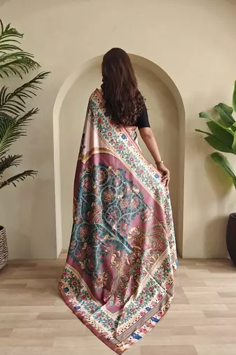 Light Pink silk blend Kalamkari Printed Saree