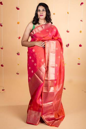 Pinkish orange pure silk saree