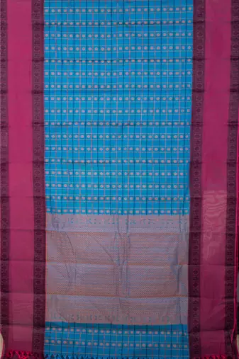 Blue and pink retta pettu kanchi cotton saree