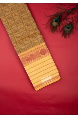 Beige checks pure kanchi cotton saree 1