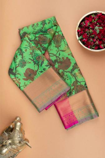 Green and pink digital printed semi silk saree
