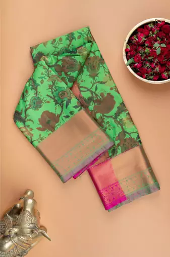 Green and pink digital printed semi silk saree
