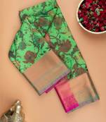 Green and pink digital printed semi silk saree