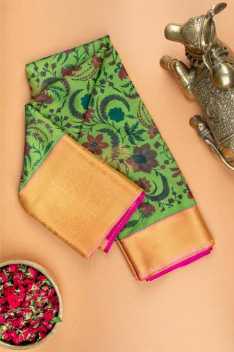 Green floral digital printed semi silk saree