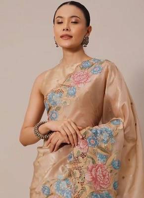 Chiku Thread Embroidery Cutwork Borders Jimmy Choo Tissue Saree 1