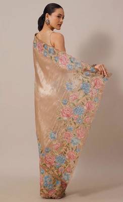 Chiku Thread Embroidery Cutwork Borders Jimmy Choo Tissue Saree 3