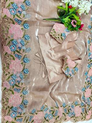 Chiku Thread Embroidery Cutwork Borders Jimmy Choo Tissue Saree 4