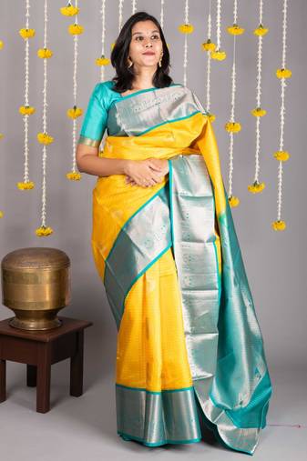 Yellow and blue kanchipuram silk saree