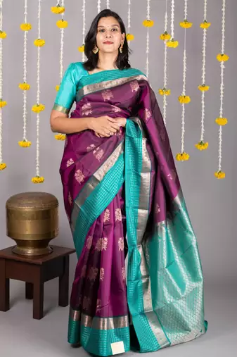 Purple and green pure silk saree