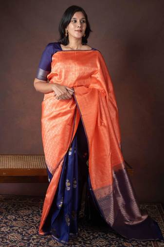 Orange soft silk saree with silk mark certified