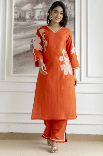 Samiha apricot embroidery kurta pant set