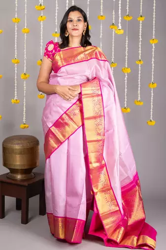 Pink silk saree with golden border with silk mark certified