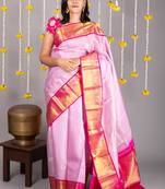 Pink silk saree with golden border with silk mark certified