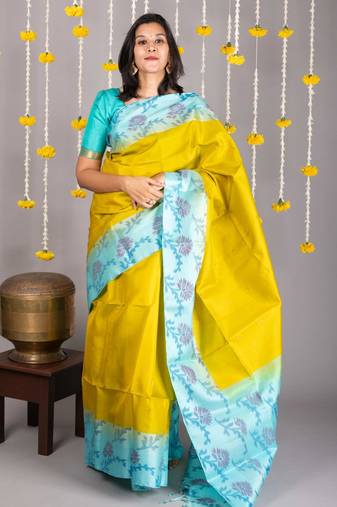 Yellow plain silk saree