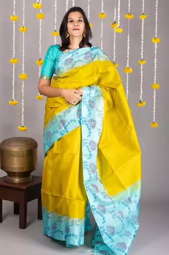 Yellow plain silk saree