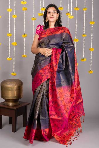 Blue and pink korvai pure silk saree