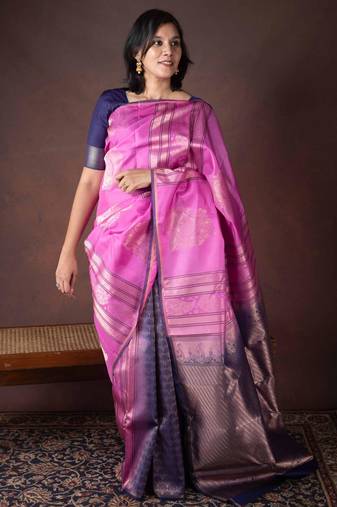 Pink and navy blue borderless pure silk saree