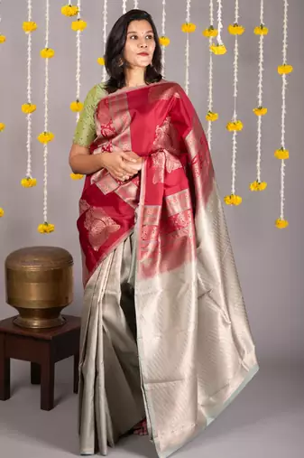 Red multicolor pure silk saree with silk mark certified