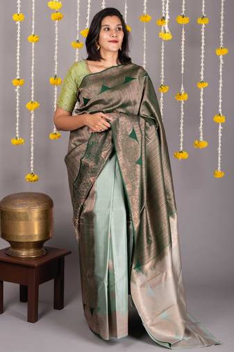 Sage green borderless silk saree