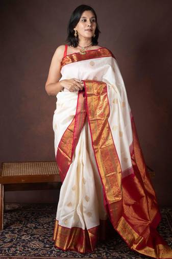 Offwhite pure silk saree with silk mark certified