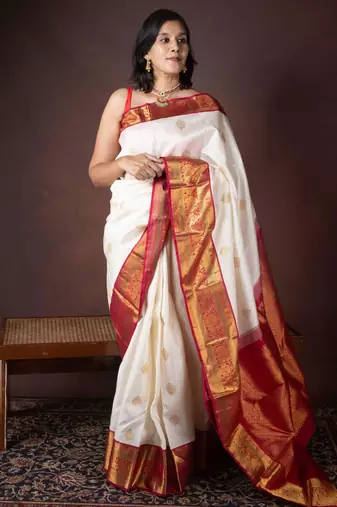 Offwhite pure silk saree with silk mark certified