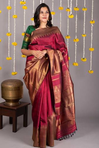 Maroon and gold saree with silk mark certified