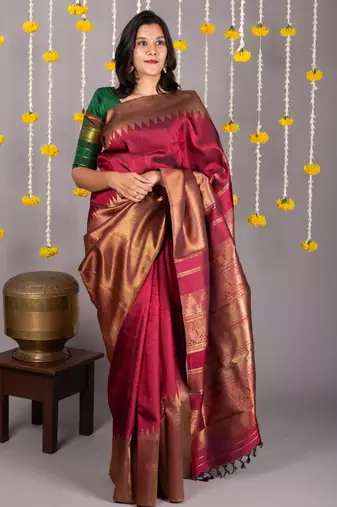 Maroon and gold saree with silk mark certified