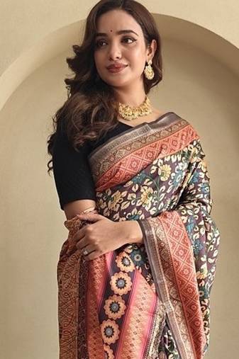 Wine silk blend Kalamkari Printed Saree