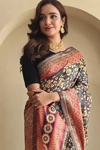 Wine silk blend Kalamkari Printed Saree