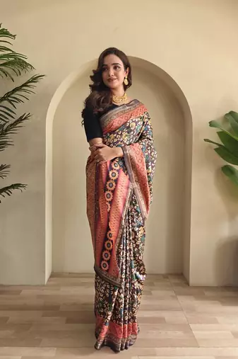 Wine silk blend Kalamkari Printed Saree