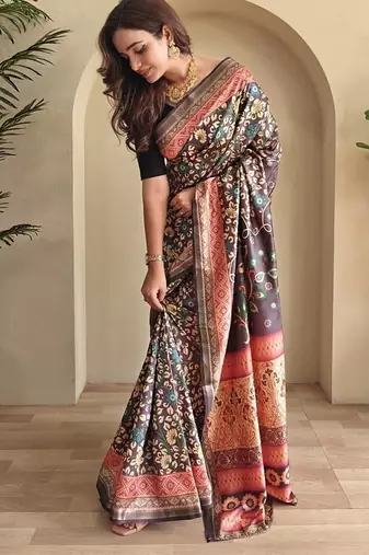 Wine silk blend Kalamkari Printed Saree