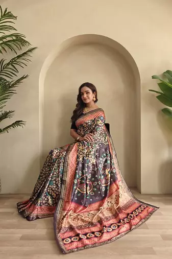 Wine silk blend Kalamkari Printed Saree