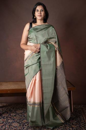Beige kanchi silk saree with silk mark certified