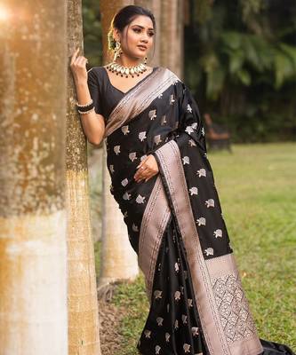 Black color silk blend saree with blouse 1