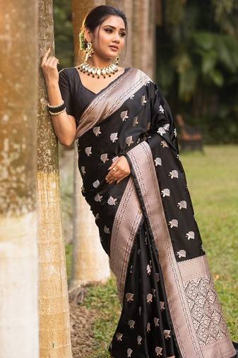 Black color silk blend saree with blouse