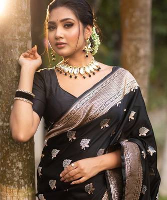 Black color silk blend saree with blouse 2