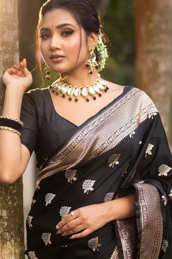 Black color silk blend saree with blouse
